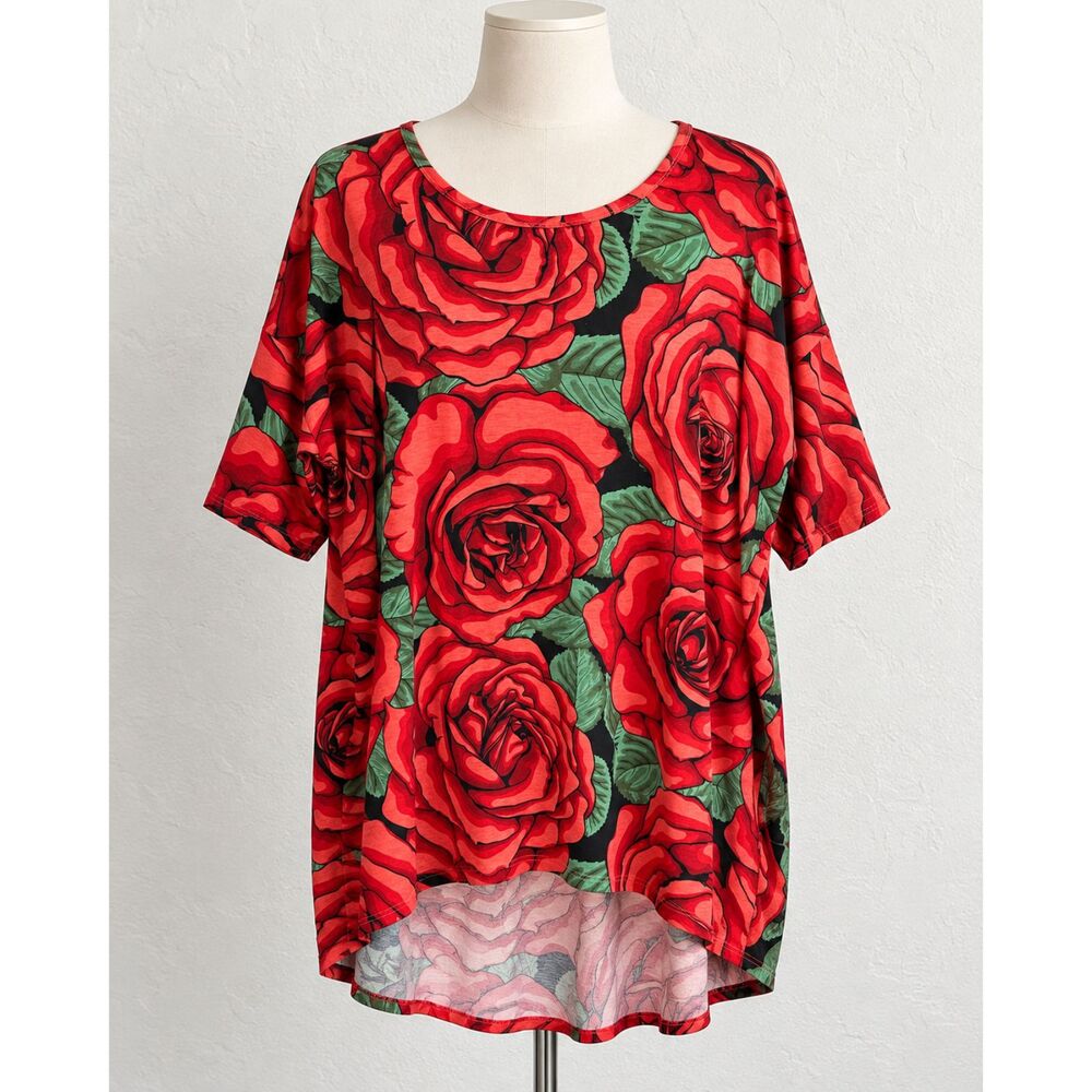 LuLaRoe Women’s XL Red Rose Floral Tunic Top Black Green Hi Low Stretch